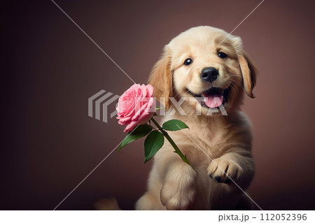 cute puppy holding pink rose in pawsのイラスト素材 [112052396] - PIXTA