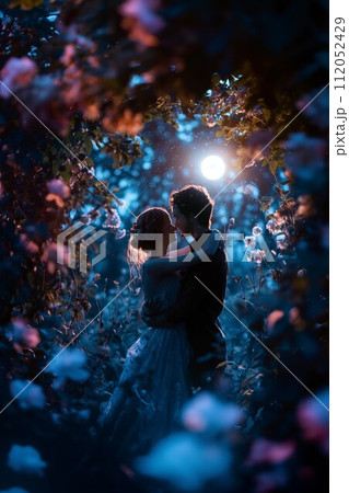 AI-generated content. Romantic Couple Embracing Under Moonlit Flower Garden 112052429