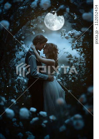 AI-generated content. Romantic Couple Embracing Under Moonlit Flower Garden 112052434