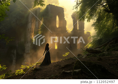 AI-generated content. Ancient Castle Ruins Shrouded in Forest Mist 112052497
