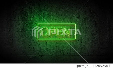 3d render of a green neon sign open on a concrete wall 112052561