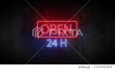 3d render of neon sign open 24 hours on the wall 112052563