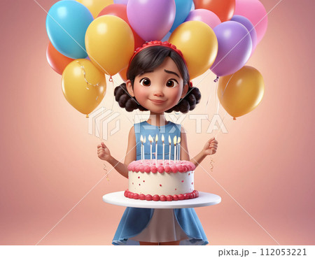 3D render of an Asian girl with cake and balloons at a birthday party 3D render of an Asian girl with cake and balloons at a birthday party 112053221