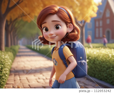 3D render portrait of a girl with a backpack going to school, cartoon style 112053242