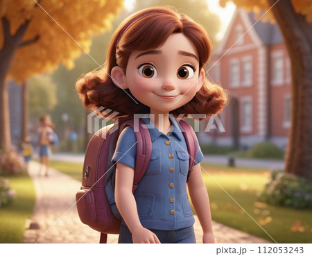3D render portrait of a girl with a backpack going to school, cartoon style 112053243