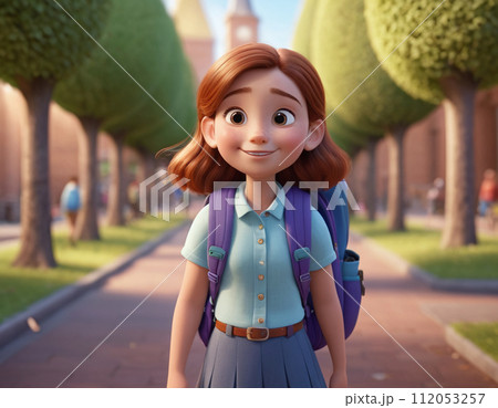 3D render portrait of a girl with a backpack going to school, cartoon style 112053257