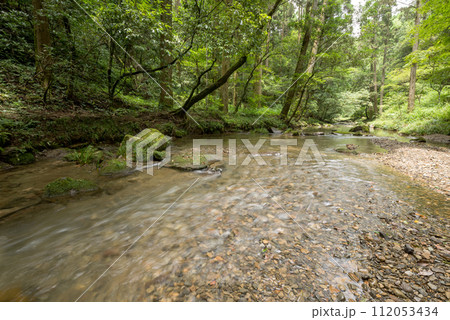 緑の森をバックに流れる沢山の小石が底にある浅い川 緑の森をバックに流れる沢山の小石が底にある浅い川 112053434