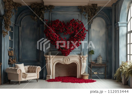 AI-generated content. Romantic Fireplace with Heart-Shaped Rose Arrangement 112053444