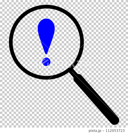 Simple illustration icon of a black magnifying glass with a blue exclamation mark Simple illustration icon of a black magnifying glass with a blue exclamation mark 112053723