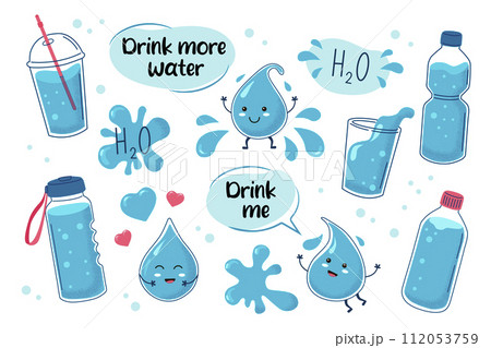 Water vector set. Cute water drops. Water in glass, plastic bottle, thermos.  112053759