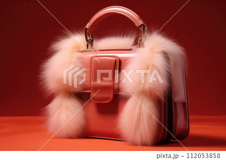 Luxurious coral handbag with artificial fur Luxurious coral handbag with artificial fur 112053858