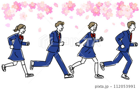 笑顔で目標に向かって走る男女学生と桜 112053991