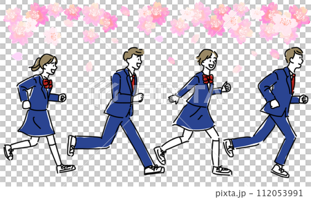 笑顔で目標に向かって走る男女学生と桜 112053991