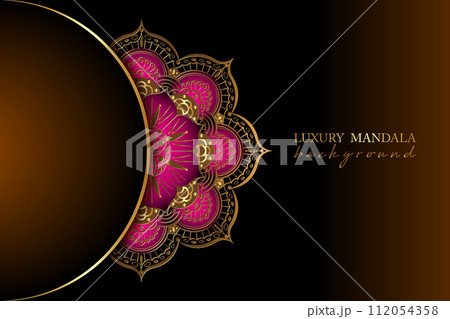 luxury ornamental mandala design background in gold color. Indian Round gold floral decoration on pink color, Islamic flower design with copy space, vector illustration on dark brown banner template luxury ornamental mandala design background in gold color. Indian Round gold floral decoration on pink color, Islamic flower design with copy space, vector illustration on dark brown banner template 112054358