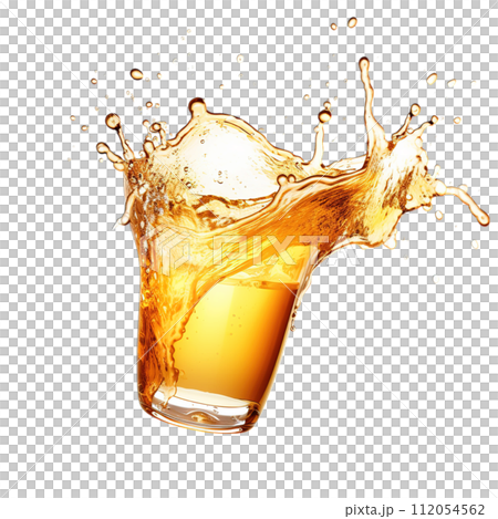 Dynamic beer splashes with fizzy bubbles and delicate drops, isolated on transparency, capturing the essence of a cold, refreshing brew. 112054562