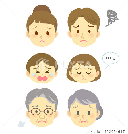 暗い困った悩みのある表情6人家族/ネガティブなイメージ/顔だけのアイコンセット 112054617