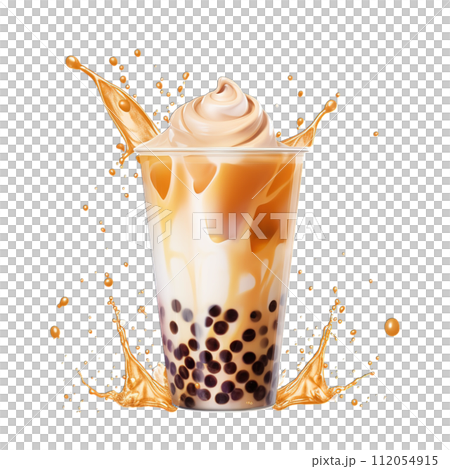 Refreshing bubble tea splash isolated on a transparent background, capturing the dynamic dance of tapioca pearls and vibrant liquid swirls 112054915