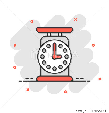 Weight scale icon in comic style. Mass measurement cartoon vector illustration on isolated background. Overweight splash effect sign business concept. Weight scale icon in comic style. Mass measurement cartoon vector illustration on isolated background. Overweight splash effect sign business concept. 112055141