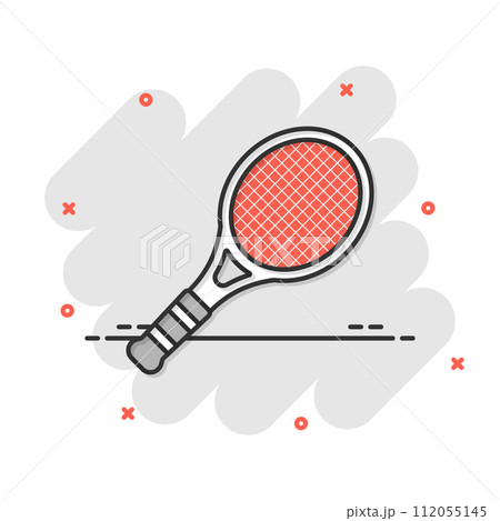 Tennis racket icon in comic style. Gaming racquet cartoon vector illustration on isolated background. Sport activity splash effect sign business concept. 112055145