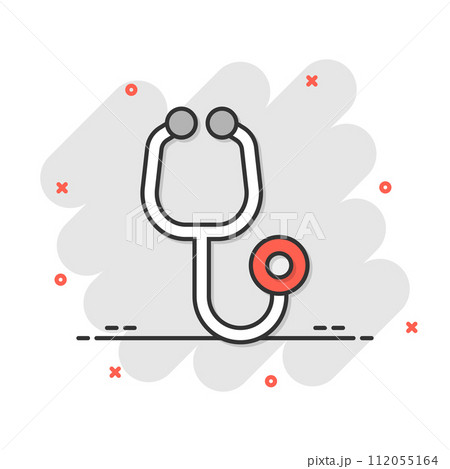 Stethoscope icon in comic style. Heart diagnostic cartoon vector illustration on isolated background. Medicine splash effect sign business concept. 112055164