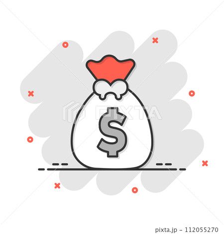 Money bag icon in comic style. Moneybag cartoon vector illustration on isolated background. Coin sack splash effect sign business concept. 112055270