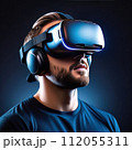 Closeup portrait of young smiling European man wearing virtual reality glasses. Vr headset. 112055311
