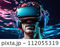 Young man wearing virtual reality glasses under the water. Concept of dive into the Metaverse. 112055319