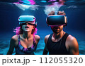 Young man and woman wearing virtual reality glasses under the water. Concept of dive into the Metaverse. 112055320