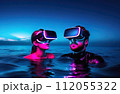 Young man and woman wearing virtual reality glasses under the water. Concept of dive into the Metaverse. 112055322