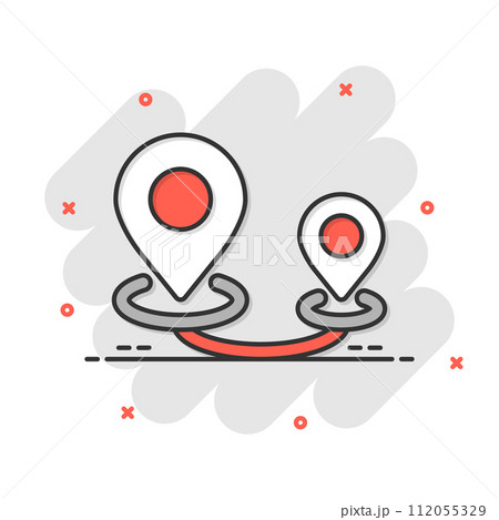 Map pin icon in comic style. GPS navigation cartoon vector illustration on white isolated background. Locate position splash effect business concept. Map pin icon in comic style. GPS navigation cartoon vector illustration on white isolated background. Locate position splash effect business concept. 112055329