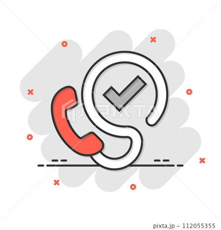 Phone check mark icon in comic style. Smartphone approval cartoon vector illustration on white isolated background. Confirm splash effect business concept. 112055355