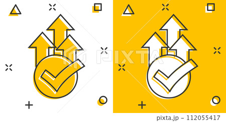 Growth arrow check icon in comic style. Revenue approval cartoon vector illustration on white isolated background. Increase ok splash effect business concept. Growth arrow check icon in comic style. Revenue approval cartoon vector illustration on white isolated background. Increase ok splash effect business concept. 112055417