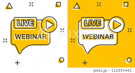 Live webinar icon in comic style. Online training cartoon vector illustration on isolated background. Conference stream splash effect sign business concept. 112055442