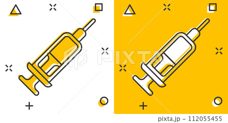 Syringe icon in comic style. Coronavirus vaccine inject cartoon vector illustration on isolated background. Covid-19 vaccination splash effect sign business concept. 112055455