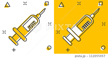 Syringe icon in comic style. Coronavirus vaccine inject cartoon vector illustration on isolated background. Covid-19 vaccination splash effect sign business concept. 112055457