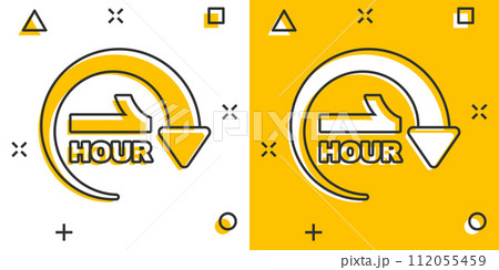 1 hour clock icon in comic style. Timer countdown cartoon vector illustration on isolated background. Time measure splash effect sign business concept. 112055459