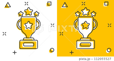 Trophy cup icon in comic style. Goblet prize cartoon vector illustration on isolated background. Award splash effect sign business concept. Trophy cup icon in comic style. Goblet prize cartoon vector illustration on isolated background. Award splash effect sign business concept. 112055527
