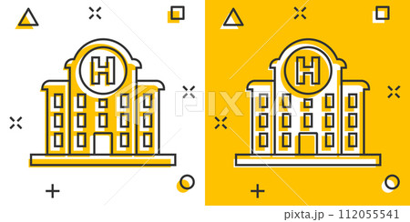 Hospital building icon in comic style. Medical clinic cartoon vector illustration on isolated background. Medicine splash effect sign business concept. 112055541