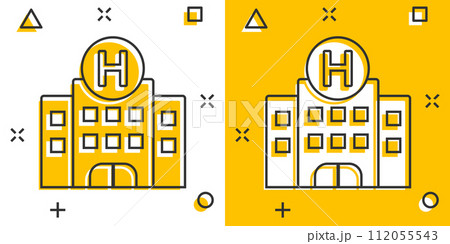 Hospital building icon in comic style. Medical clinic cartoon vector illustration on isolated background. Medicine splash effect sign business concept. 112055543