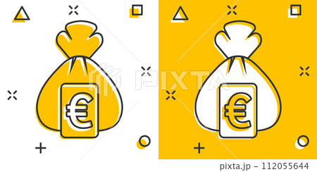Money bag icon in comic style. Moneybag cartoon vector illustration on isolated background. Coin sack splash effect sign business concept. Money bag icon in comic style. Moneybag cartoon vector illustration on isolated background. Coin sack splash effect sign business concept. 112055644