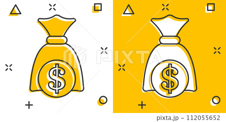 Money bag icon in comic style. Moneybag cartoon vector illustration on isolated background. Coin sack splash effect sign business concept. 112055652