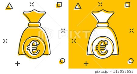 Money bag icon in comic style. Moneybag cartoon vector illustration on isolated background. Coin sack splash effect sign business concept. Money bag icon in comic style. Moneybag cartoon vector illustration on isolated background. Coin sack splash effect sign business concept. 112055653