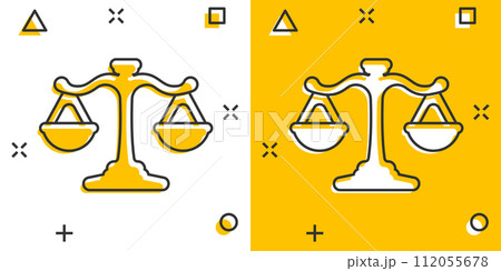 Scales icon in comic style. Libra cartoon vector illustration on isolated background. Mass comparison splash effect sign business concept. 112055678