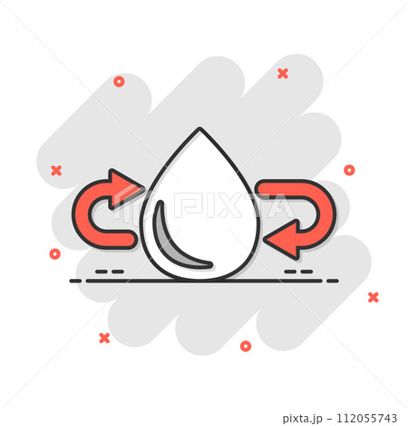 Water drop icon in comic style. Droplet cartoon vector illustration on white isolated background. Recycle splash effect sign business concept. 112055743