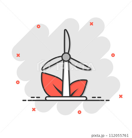 Eco energy icon in comic style. Leaf wind power plant cartoon vector illustration on white isolated background. Electrician splash effect sign business concept. Eco energy icon in comic style. Leaf wind power plant cartoon vector illustration on white isolated background. Electrician splash effect sign business concept. 112055761