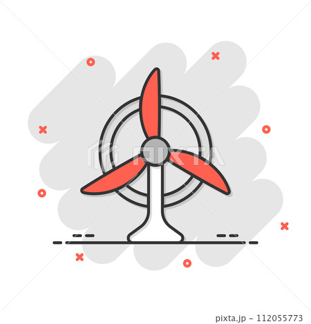 Wind power plant icon in comic style. Turbine cartoon vector illustration on white isolated background. Air energy splash effect sign business concept. Wind power plant icon in comic style. Turbine cartoon vector illustration on white isolated background. Air energy splash effect sign business concept. 112055773