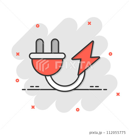 Electric plug icon in comic style. Power adapter cartoon vector illustration on white isolated background. Electrician splash effect sign business concept. Electric plug icon in comic style. Power adapter cartoon vector illustration on white isolated background. Electrician splash effect sign business concept. 112055775