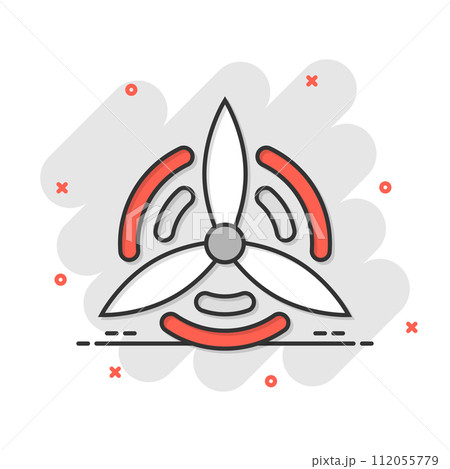 Wind power plant icon in comic style. Turbine cartoon vector illustration on white isolated background. Air energy splash effect sign business concept. 112055779