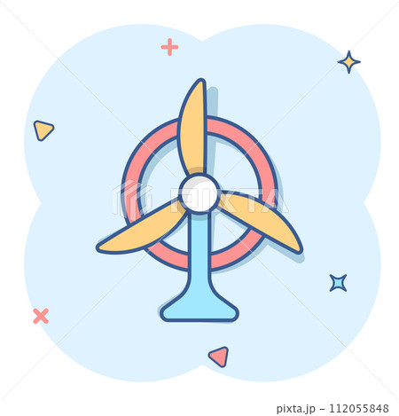 Wind power plant icon in comic style. Turbine cartoon vector illustration on white isolated background. Air energy splash effect sign business concept. 112055848