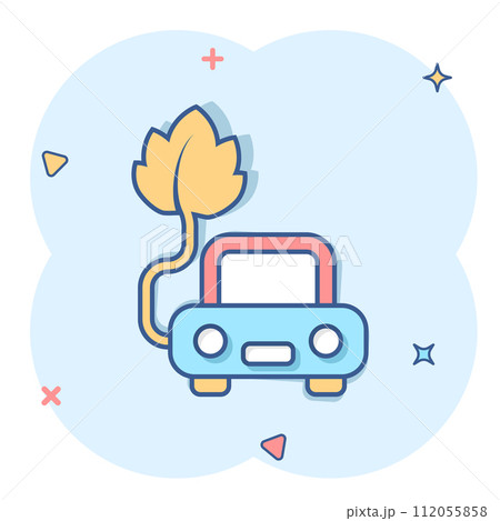 Eco car icon in comic style. Leaf and auto cartoon vector illustration on white isolated background. Bio charging splash effect sign business concept. 112055858